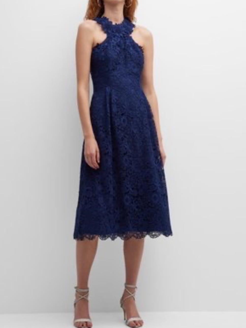 Teri Jon by Rickie Freeman Navy Lace Halter Midi Dress